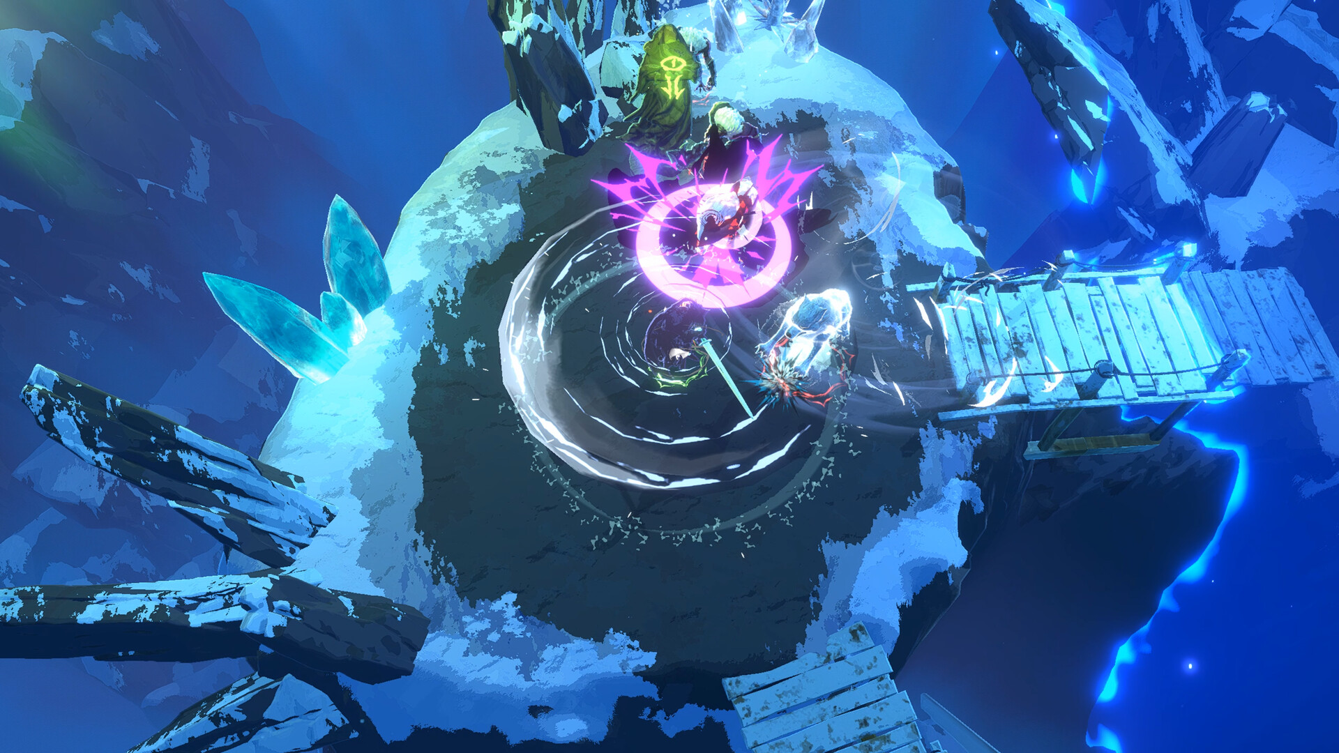 Shape of Dreams gameplay screenshot of a boss fight on a floating snow island
