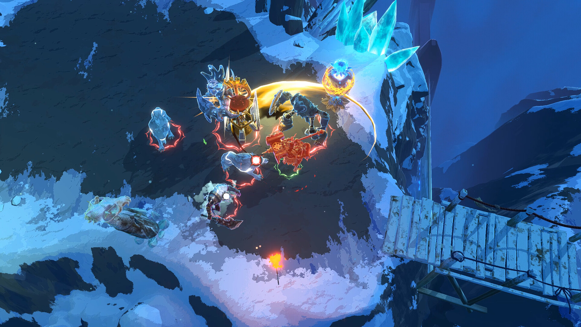 Shape of Dreams gameplay screenshot of Travelers fighting ice enemies under a golden ability effect