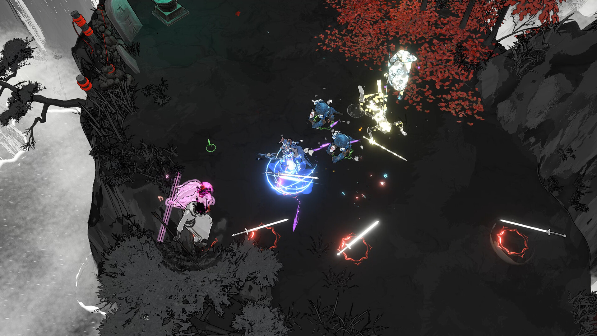 Shape of Dreams gameplay screenshot of a dark arena fight with multiple Travelers