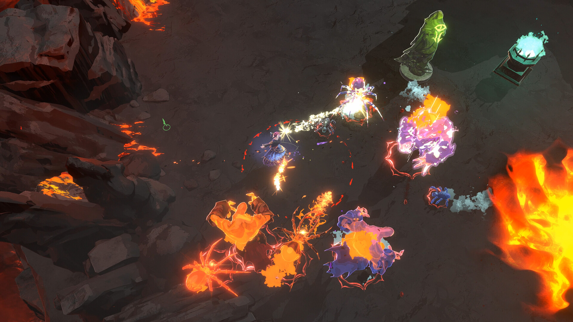 Shape of Dreams gameplay screenshot of a fight in a lava-lit cavern