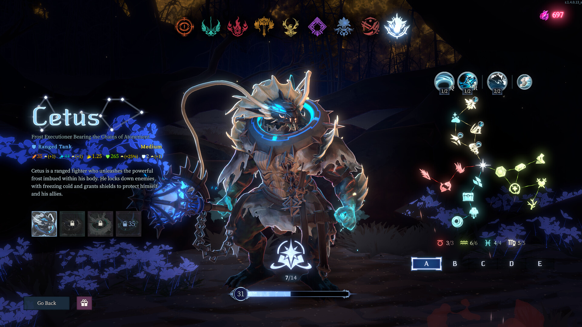 Shape of Dreams character screen showing the Traveler Cetus and his stats